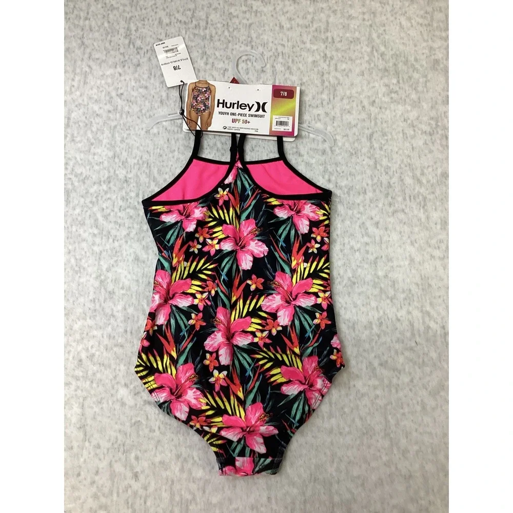 Hurley Girls Youth One-Piece Swimsuit Black Hyper Pink Floral UPF 50+‎ 7/8 NWT